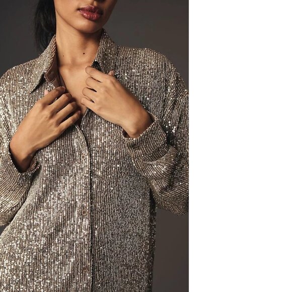 NWT ANTHROPOLOGIE Flat White Sequin Tunic Dress size MP PM Taupe color new - Picture 4 of 6